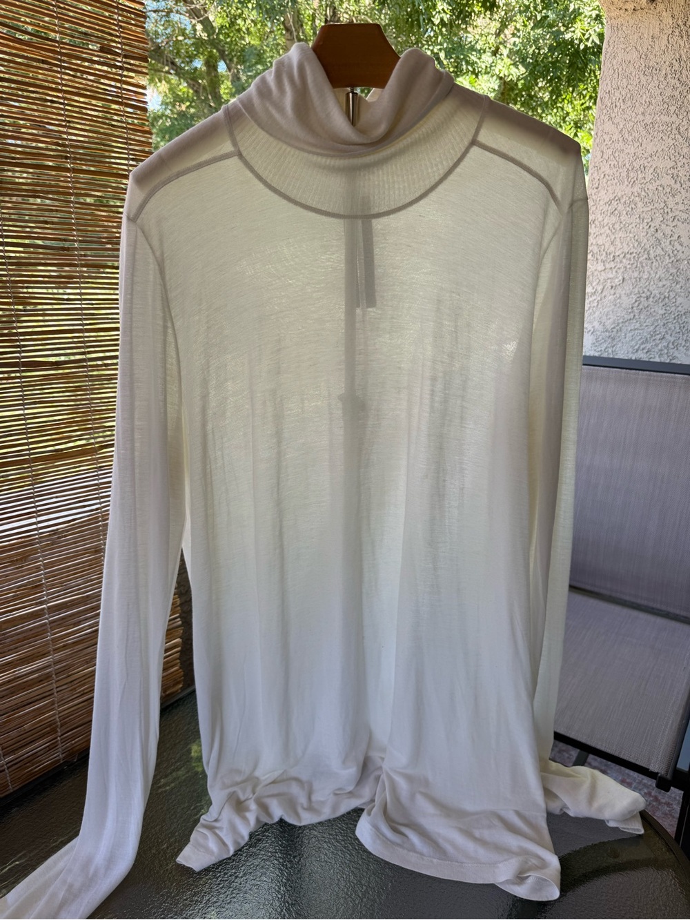 Rick Owens Sheer White Long-Sleeve Draped Turtleneck